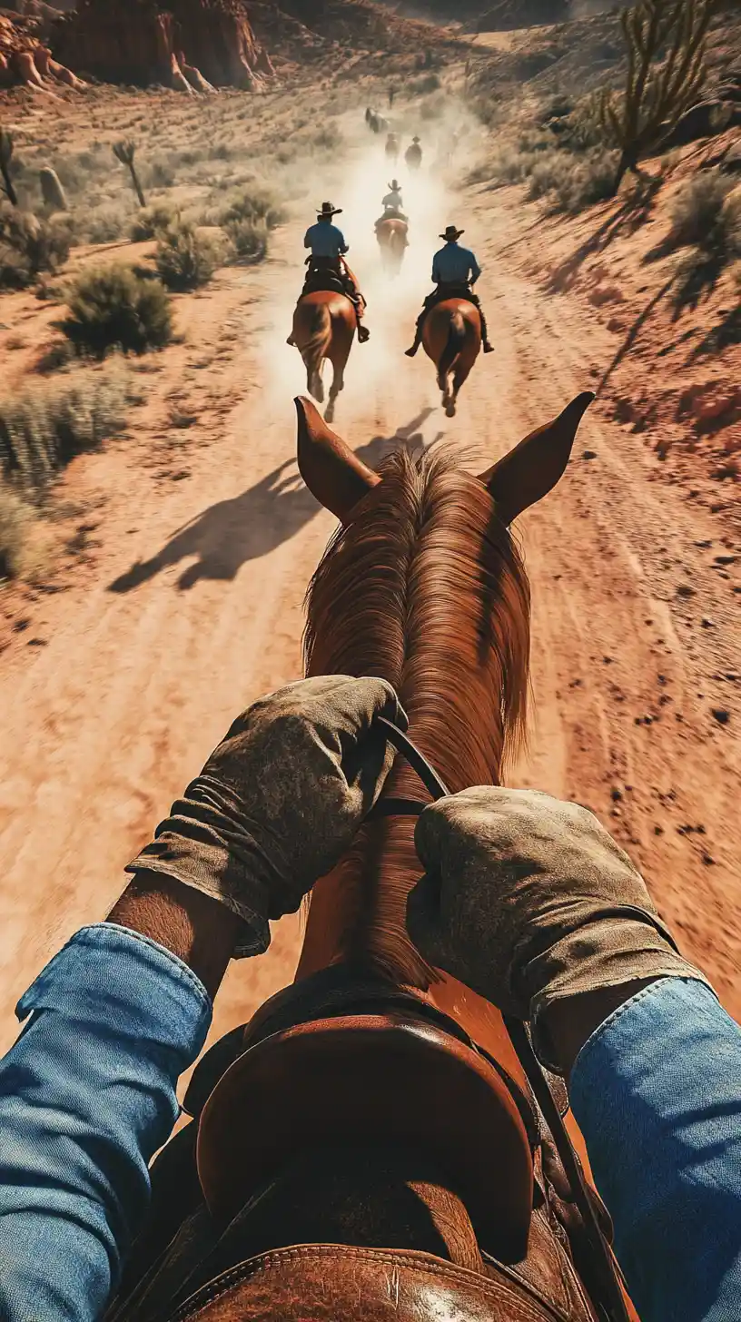 Cavaliere che sfreccia nelle badlands del selvaggio West su un cavallo al galoppo