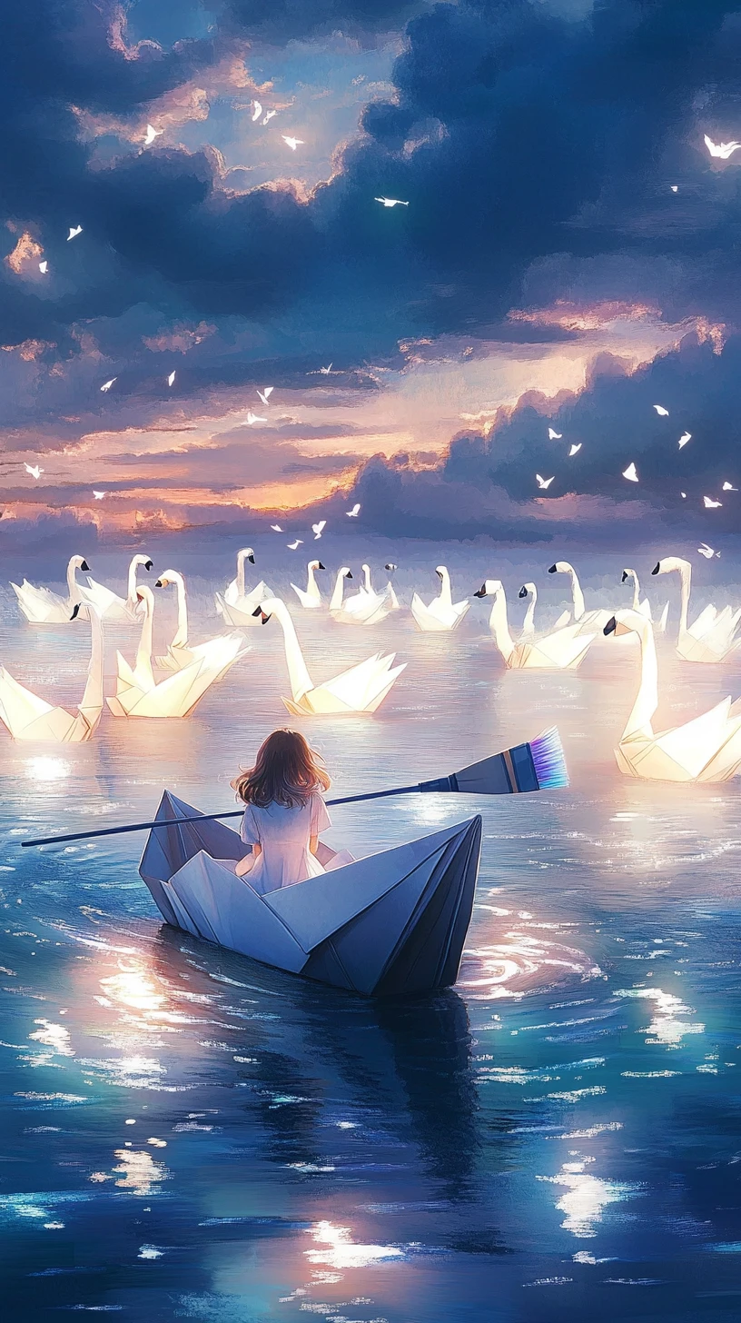 Girl in a paper boat on a glowing origami swan lake