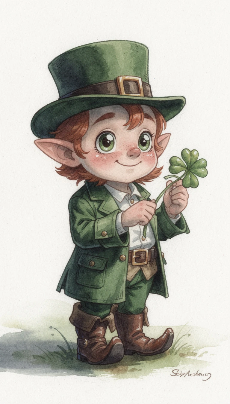 Leprechaun onirique en aquarelle avec trèfle sur fond blanc