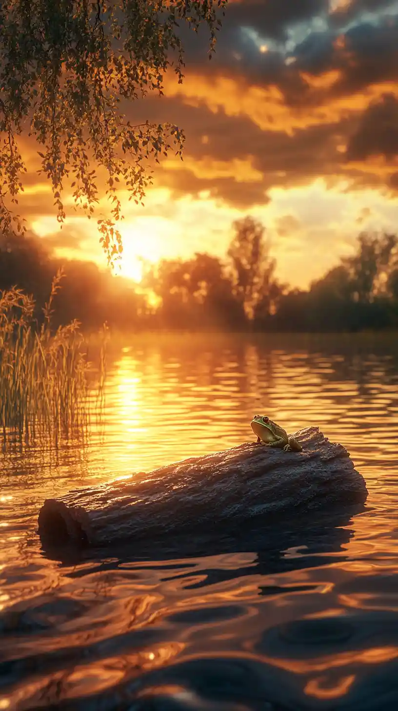 Crapaud sur tronc flottant au coucher de soleil doré au bord du lac