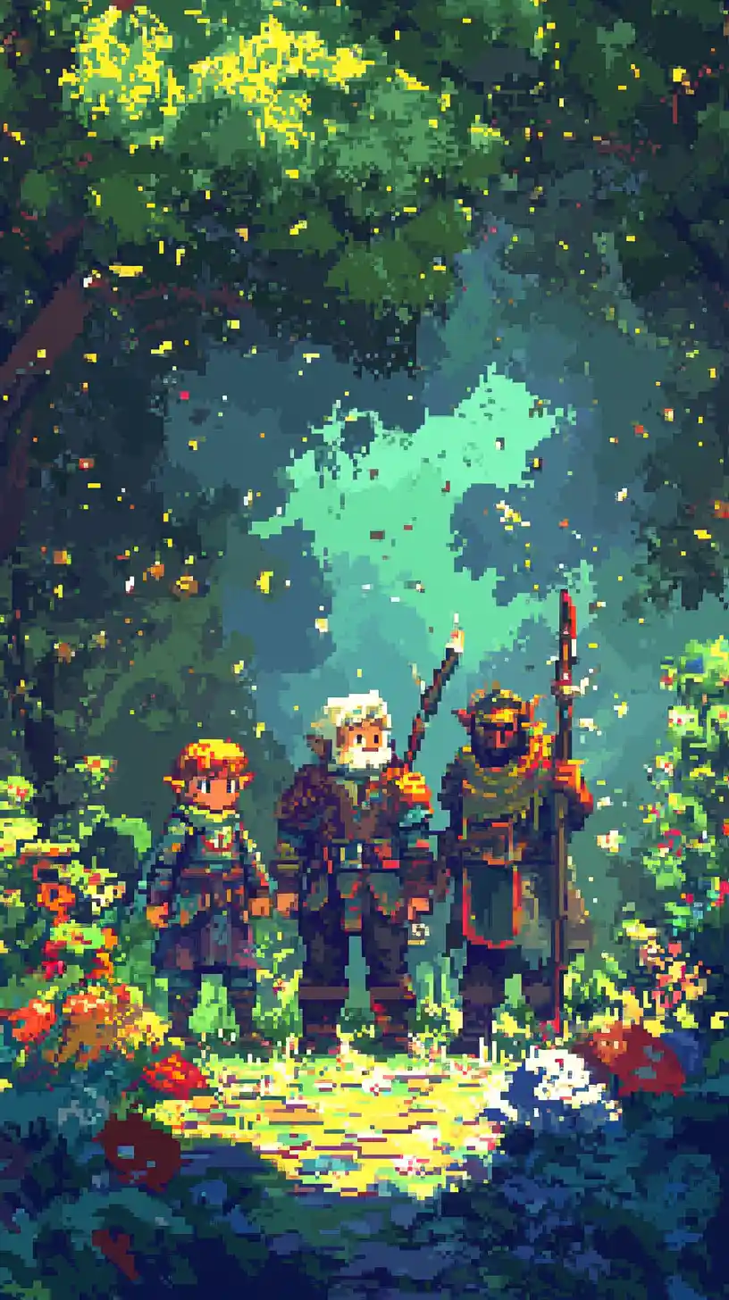 Fantasy adventurers in a vibrant retro pixel game world