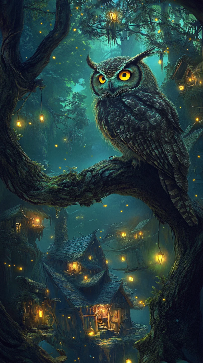 Gufo saggio che osserva un villaggio luminoso in una foresta mistica