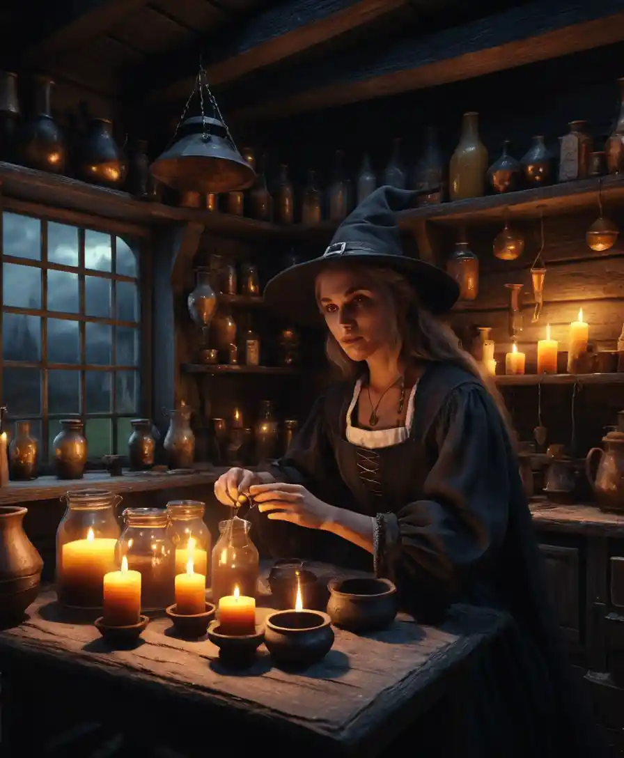 Sorcière Préparant des Potions dans l’Intérieur d’un Cottage Fantastique Éclairé à la Bougie