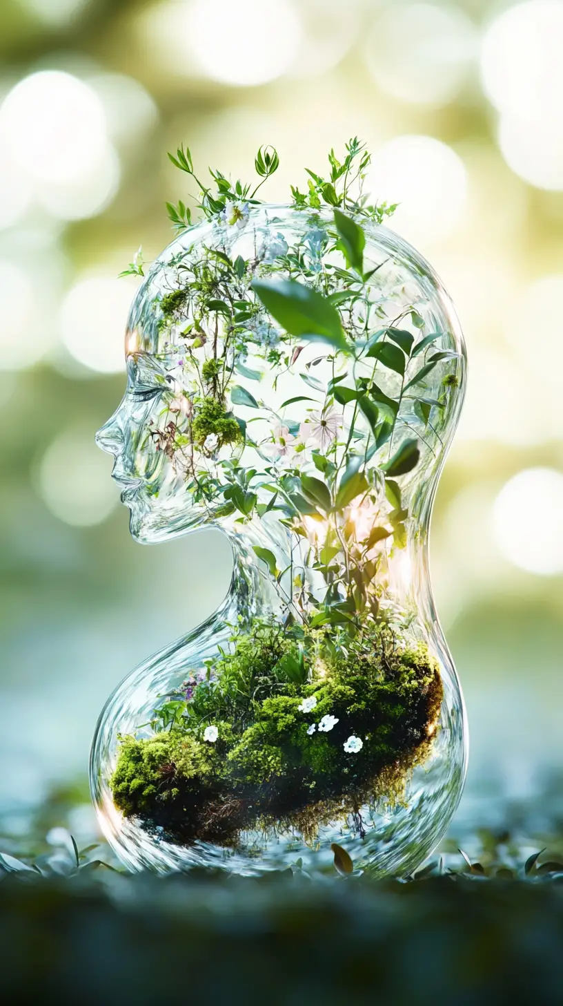 Femme en verre surréaliste avec plantes intérieures et lueur bokeh