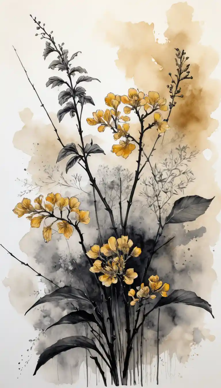 Œuvre botanique florale verticale délicate à l’encre et à l’aquarelle
