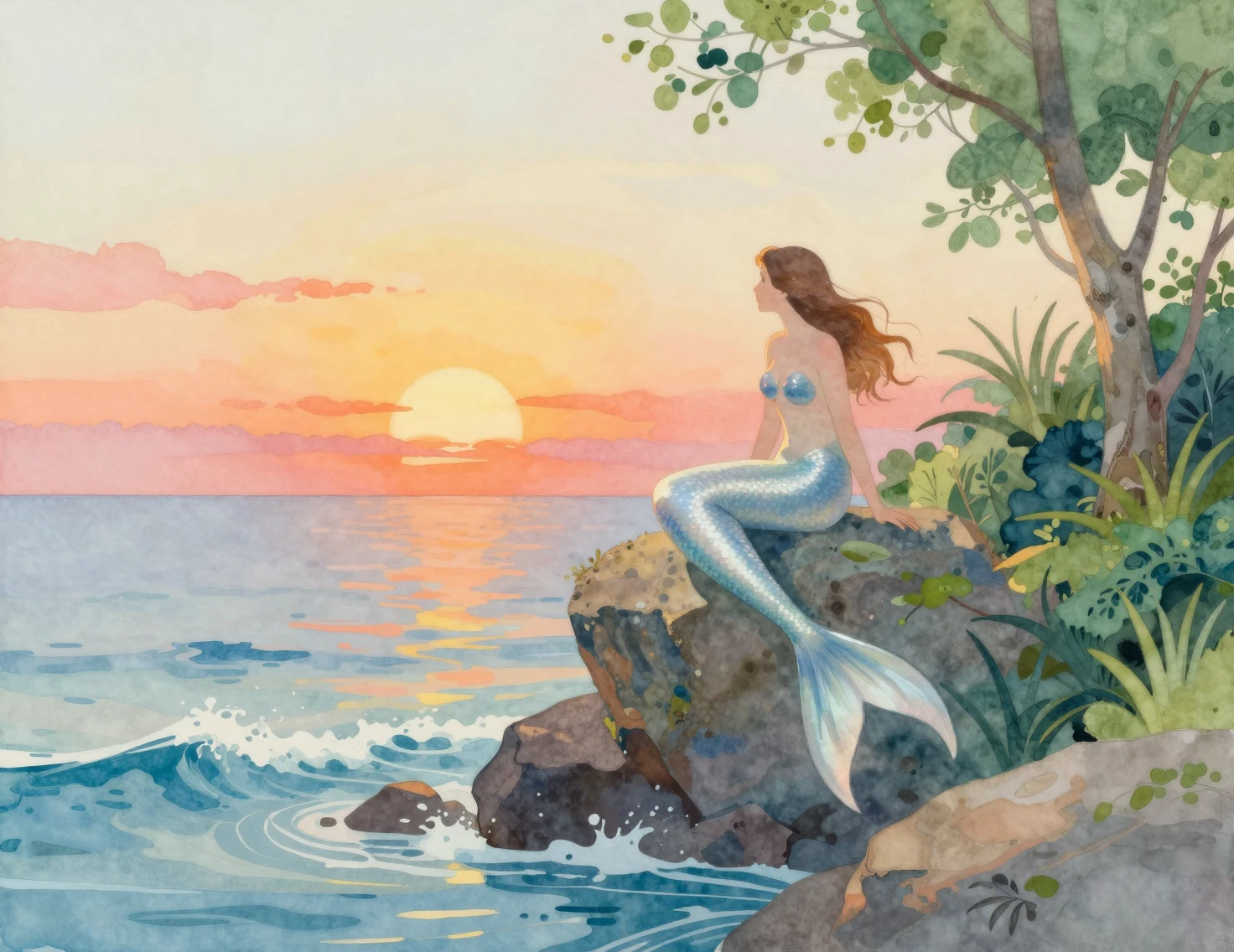 Sereia serena surgindo de ondas em tons pastel ao pôr do sol
