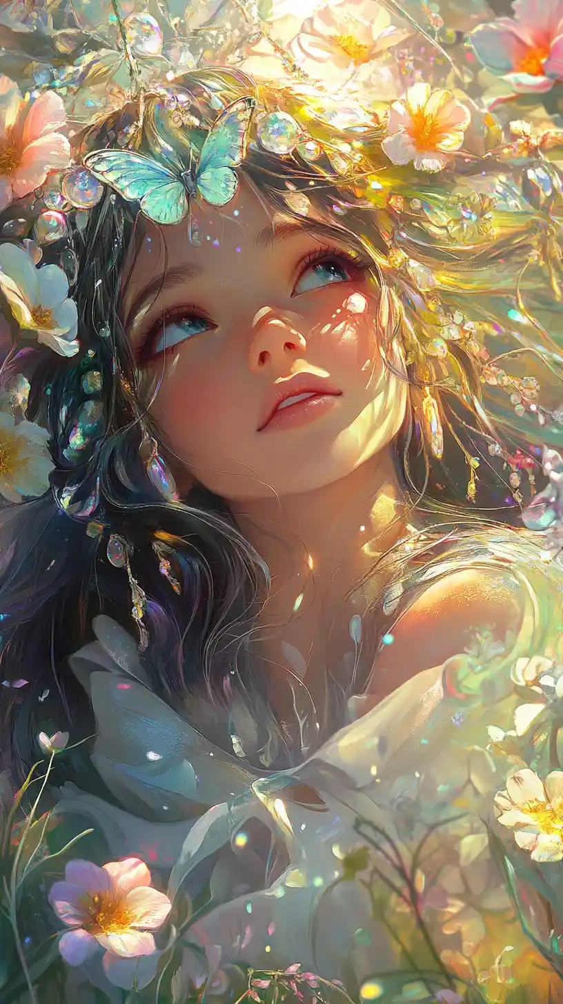 Close up of a smiling girl in a floral fantasy outfit