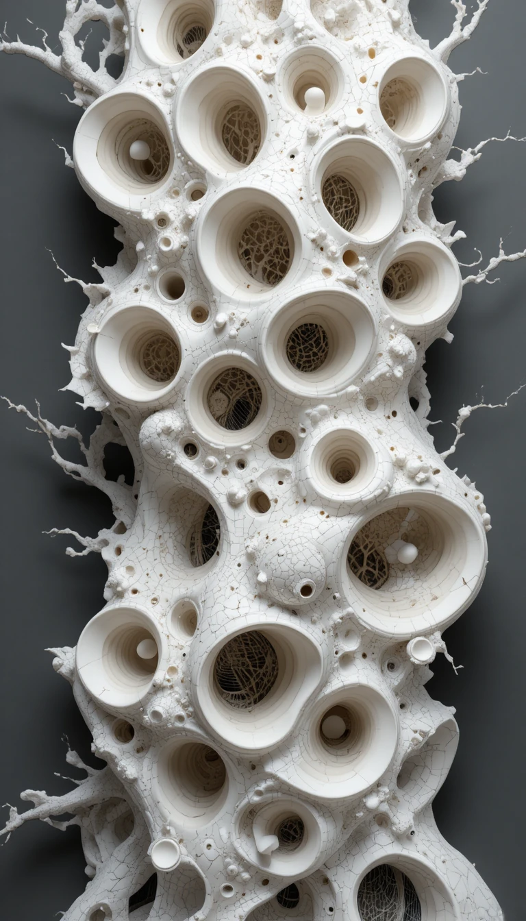 Scultura 3D organica cellulare con forme ceramiche bianche porose