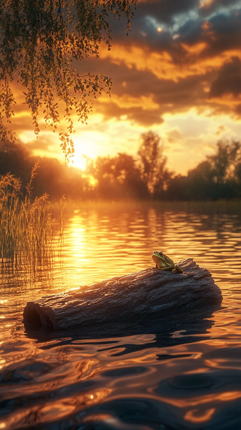Crapaud sur tronc flottant au coucher de soleil doré au bord du lac