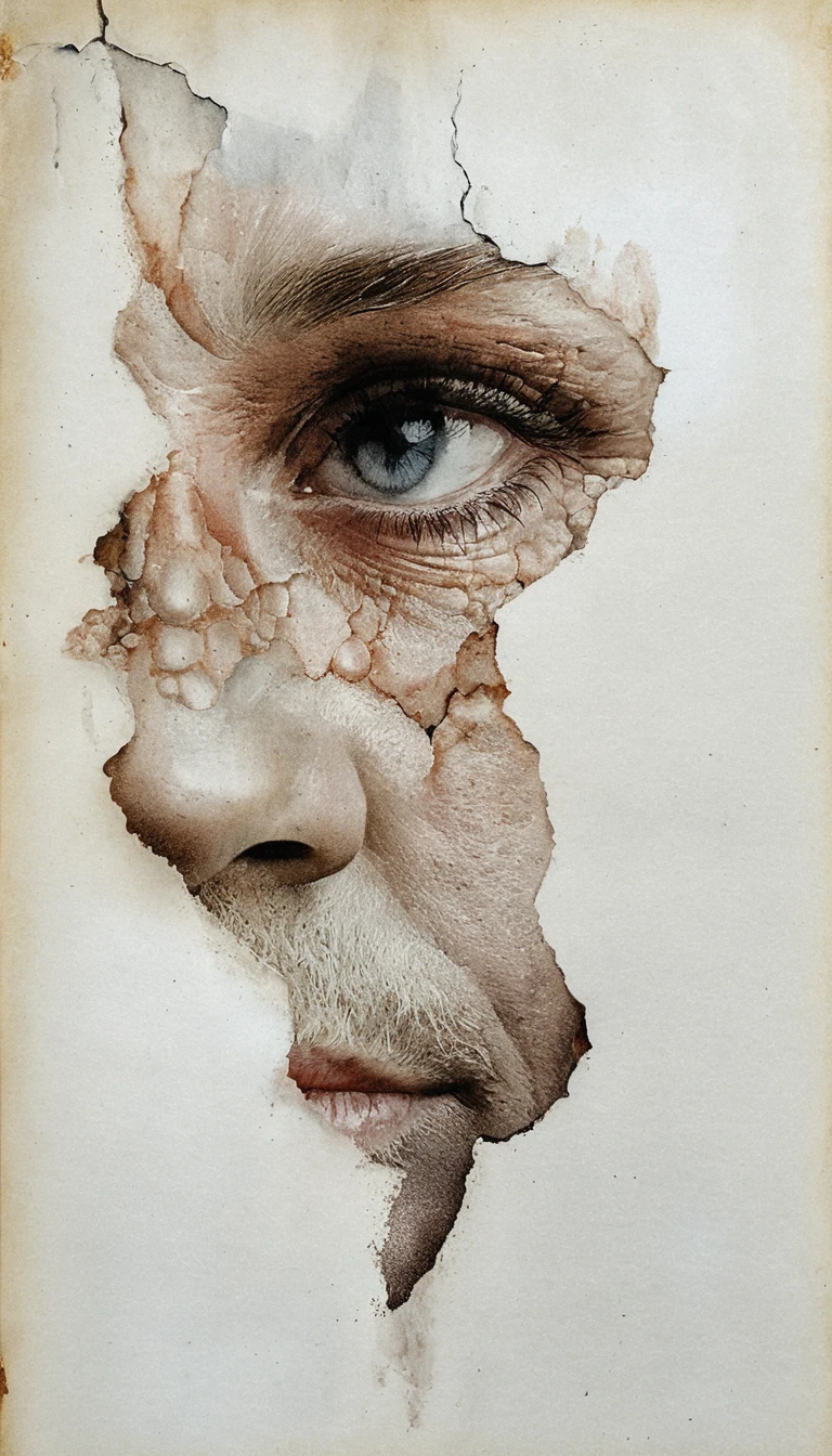 Rosto fragmentado de idoso em mixed media em close
