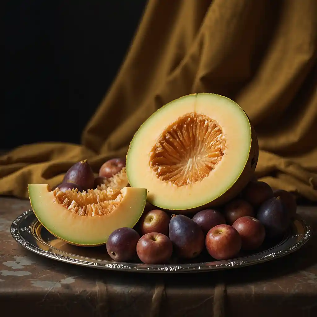Fette di melone e prugne su un vassoio d’argento – Natura morta