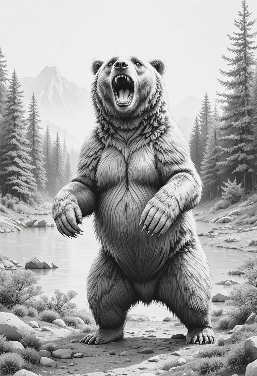 Majestueux grizzly rugissant dans la lumière de l’aube en forêt