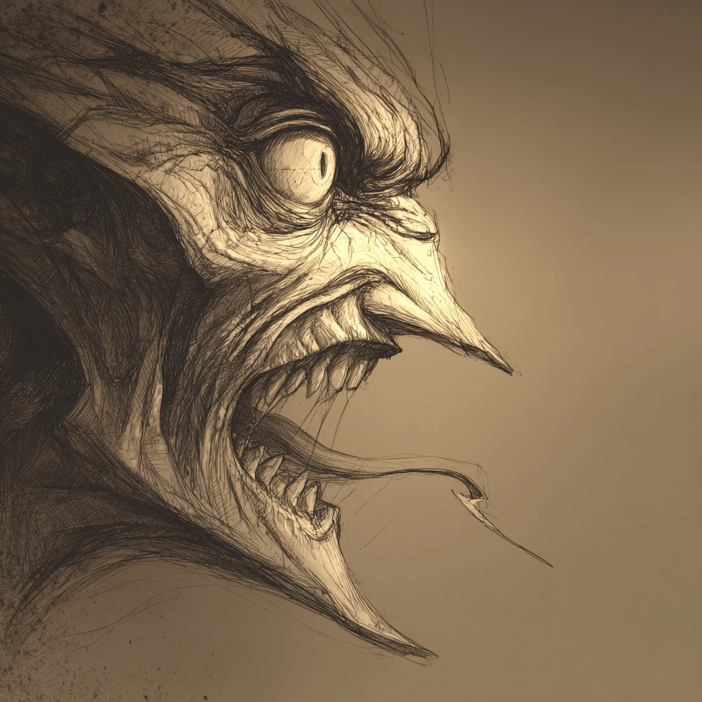 Grotesque side profile monster face with forked tongue