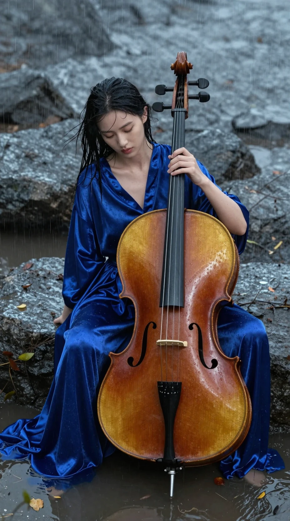 Cello Standing In Midnight Rain Against Wet Stone