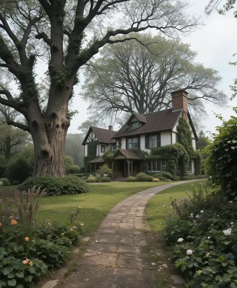 Casa grande com jardim tomado pela vegetação atrás de um caminho para a oficina