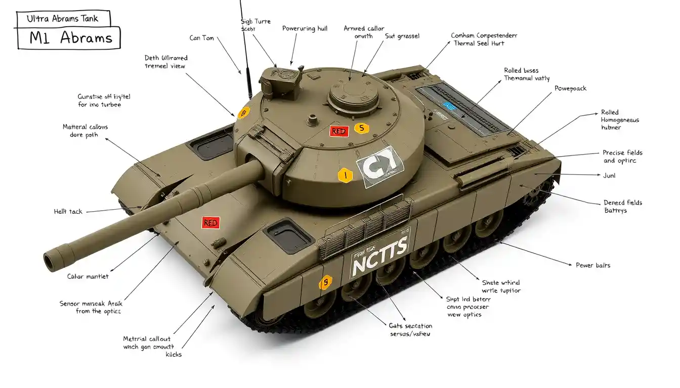 Render técnico isométrico de um tanque de batalha M1 Abrams