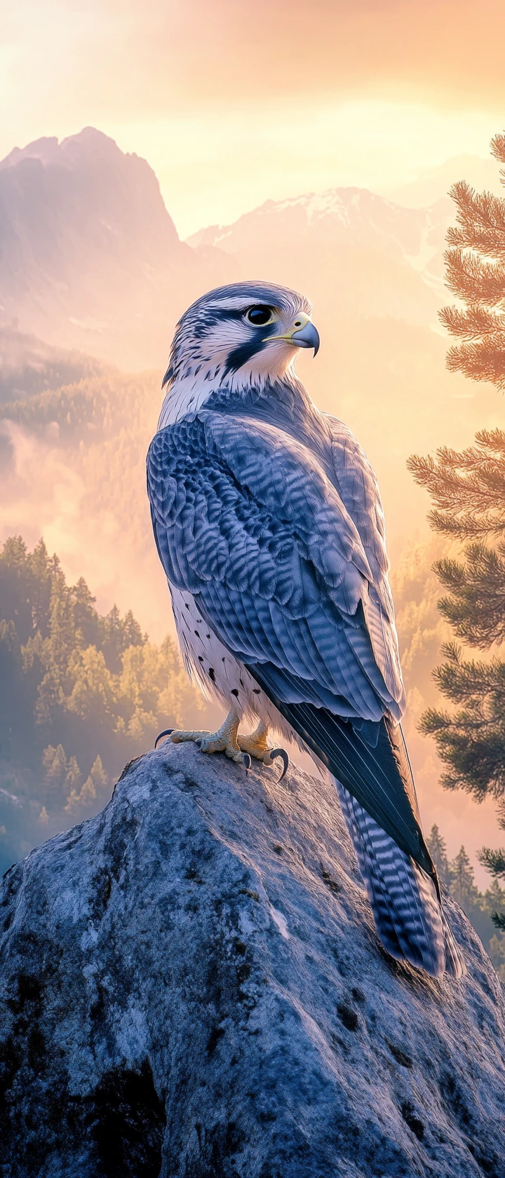 Giant falcon in double exposure over misty mountain landscape