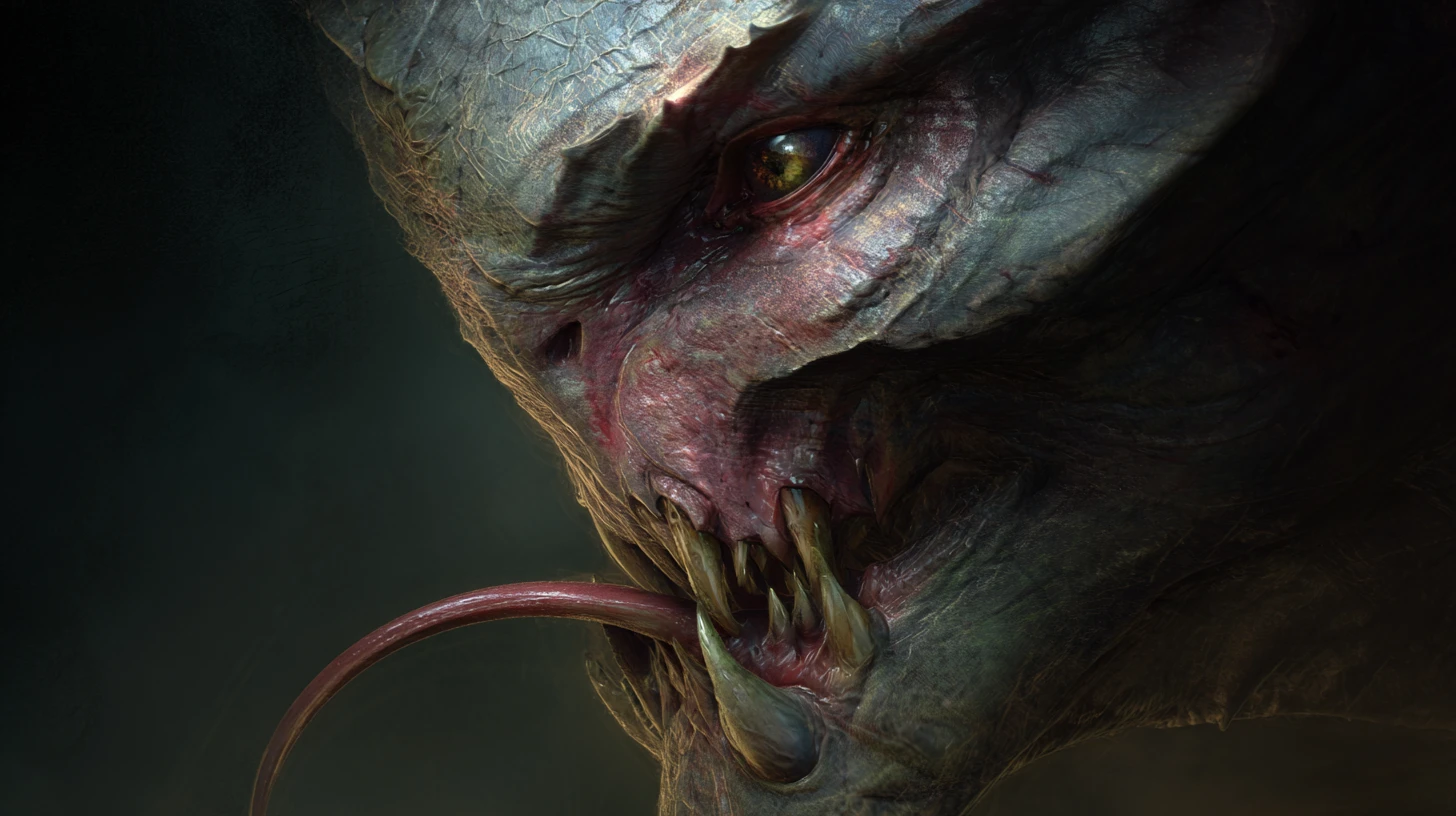 Rosto de monstro em perfil grotesco com língua bífida