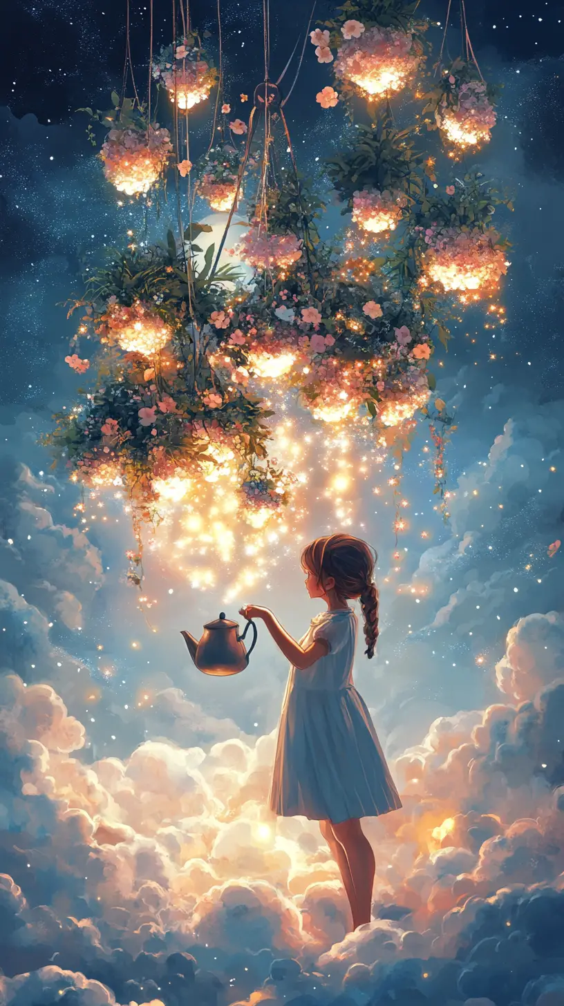 Ragazza che annaffia un giardino fluttuante di polvere di stelle tra le nuvole