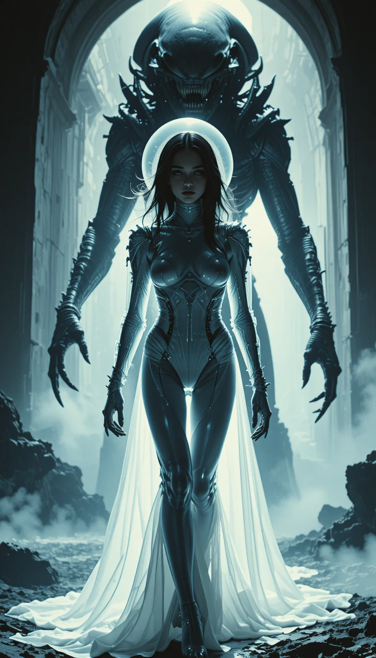 Mysterious female astronaut posing in sleek futuristic spacesuit