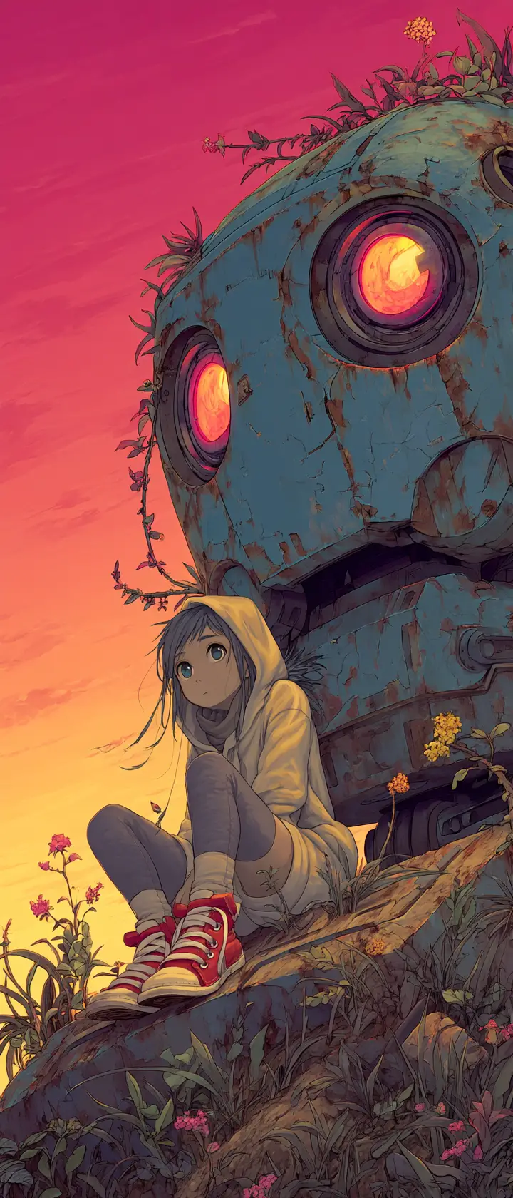 Ragazza anime su testa di robot distrutto al crepuscolo nel deserto