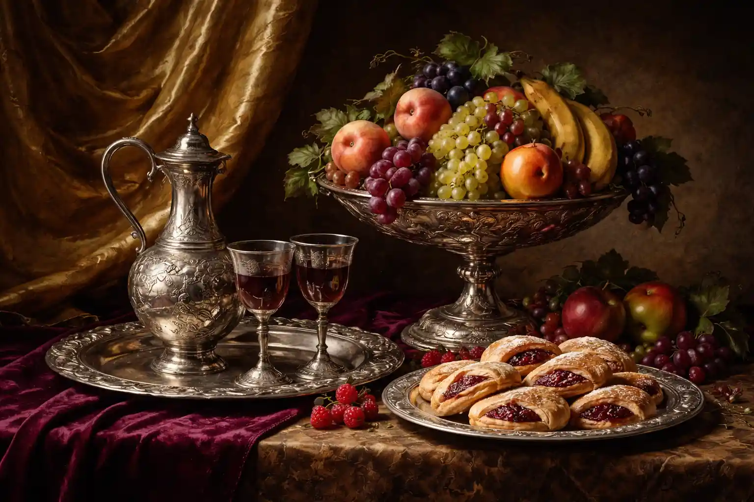 Classical still life with fruit, pastries and silver tableware