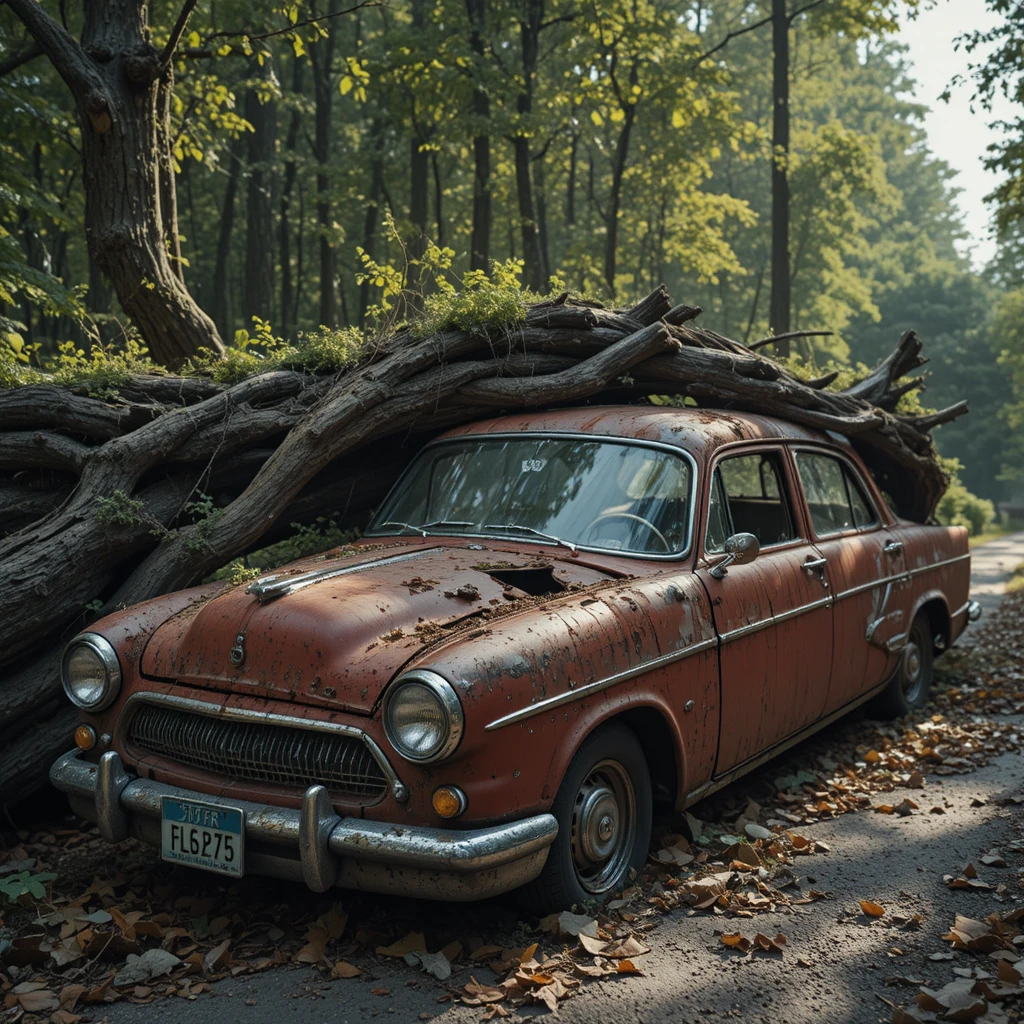 Carro compacto vermelho vintage esmagado por tronco de árvore caída