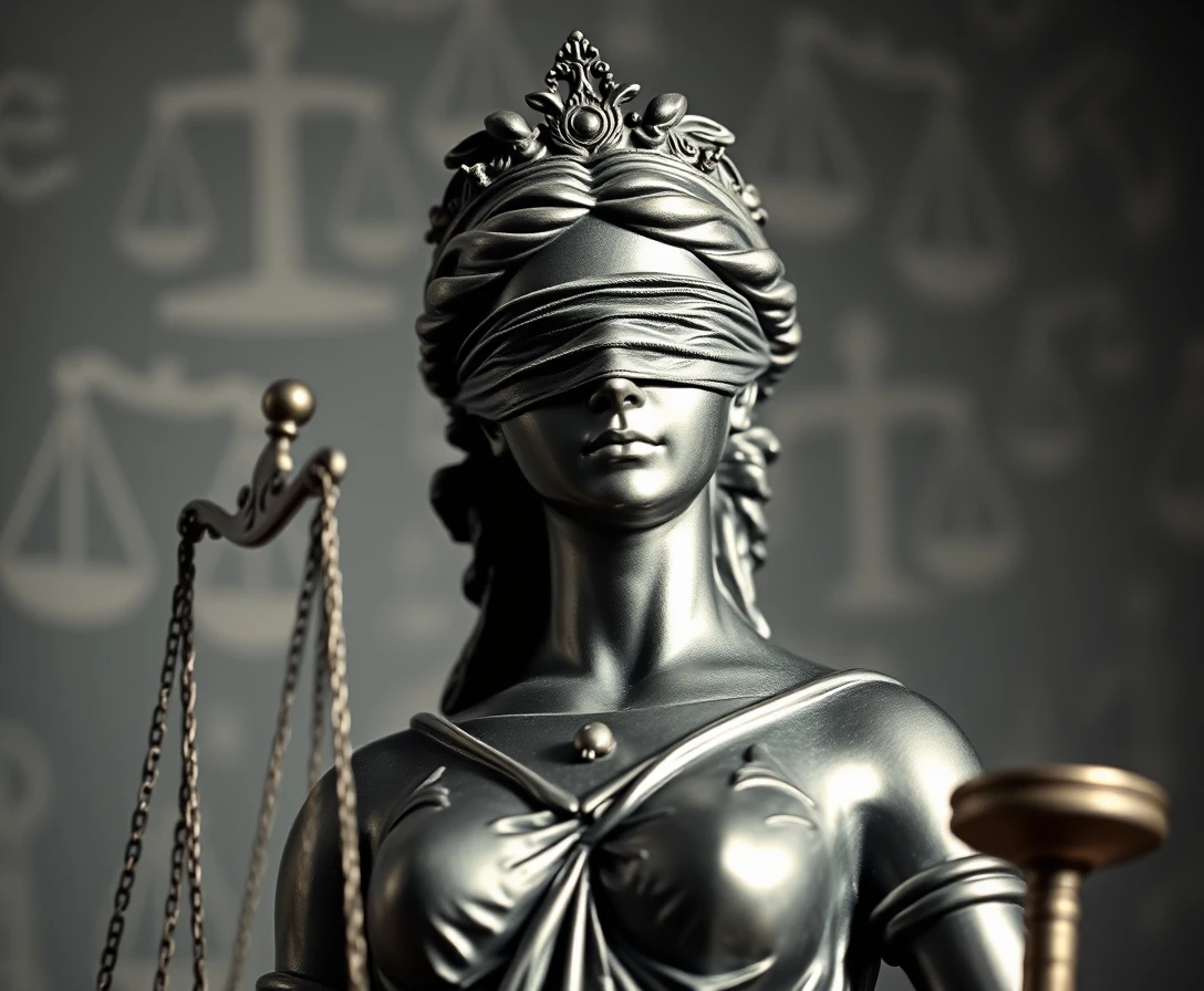 Verbundenen Justitia-Statue in hartem grafischem Kontrast