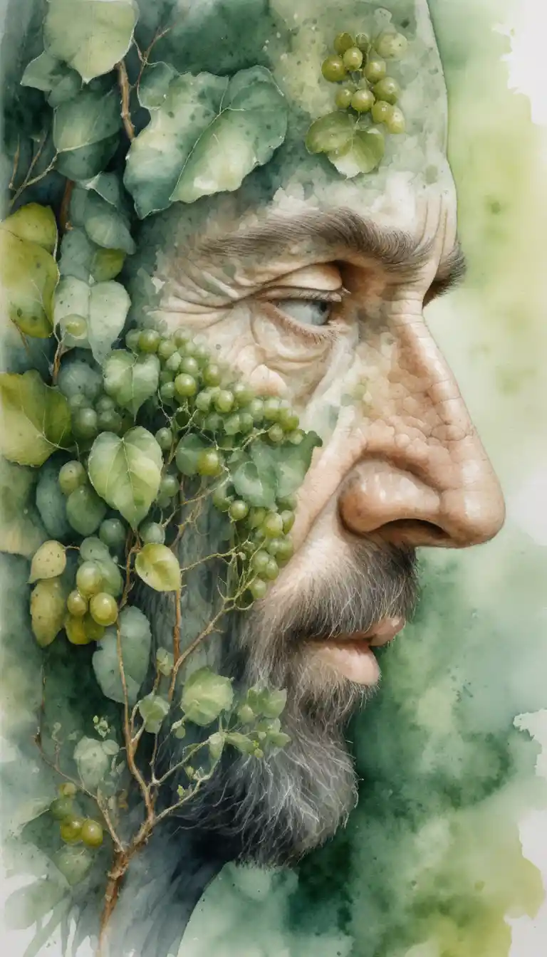 Primer plano surrealista del perfil de un anciano fusionado con hiedra