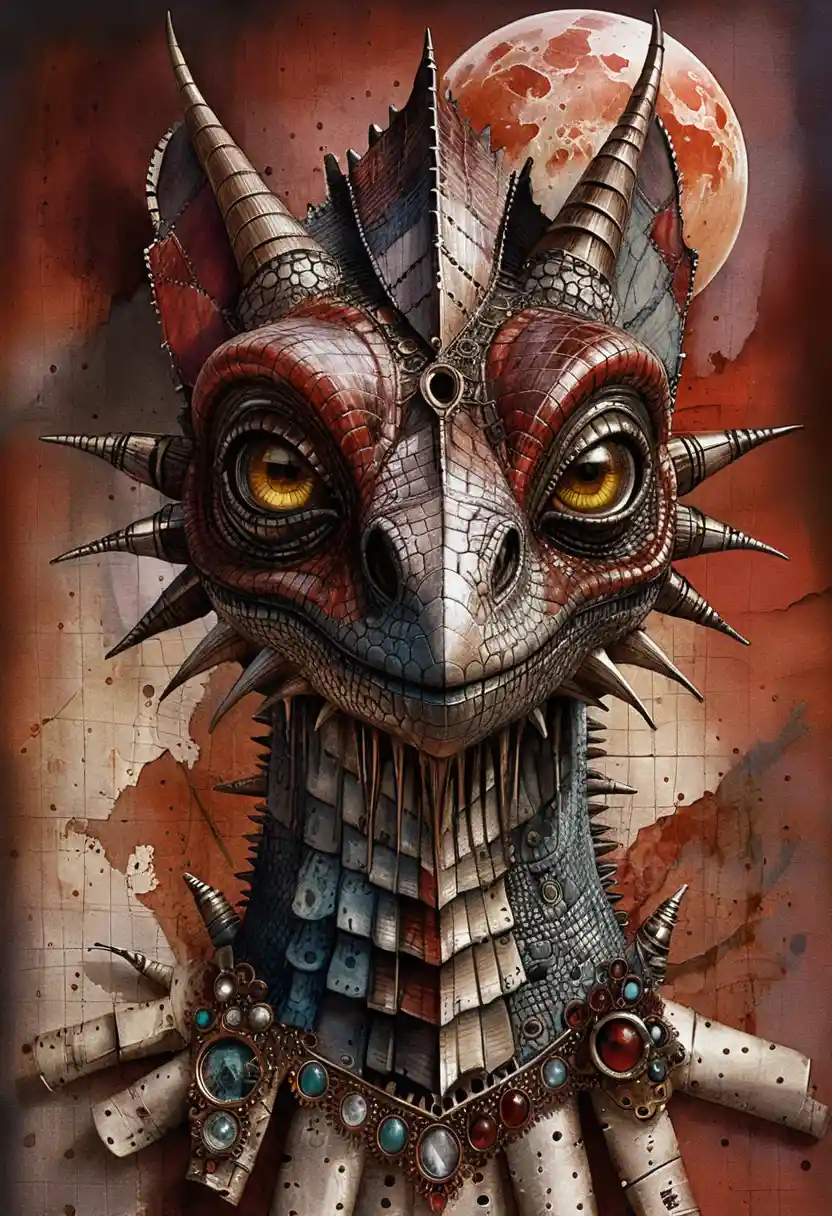 Retrato de perfil de dragón steampunk en pintura de técnica mixta