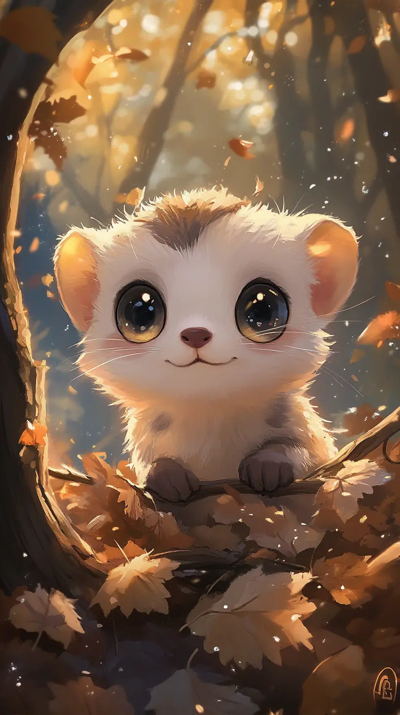 Dolce furetto chibi che esplora il suolo di una foresta al crepuscolo