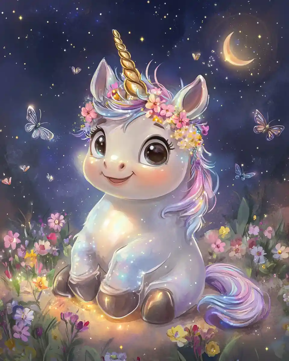 Whimsical baby unicorn in a glowing night meadow