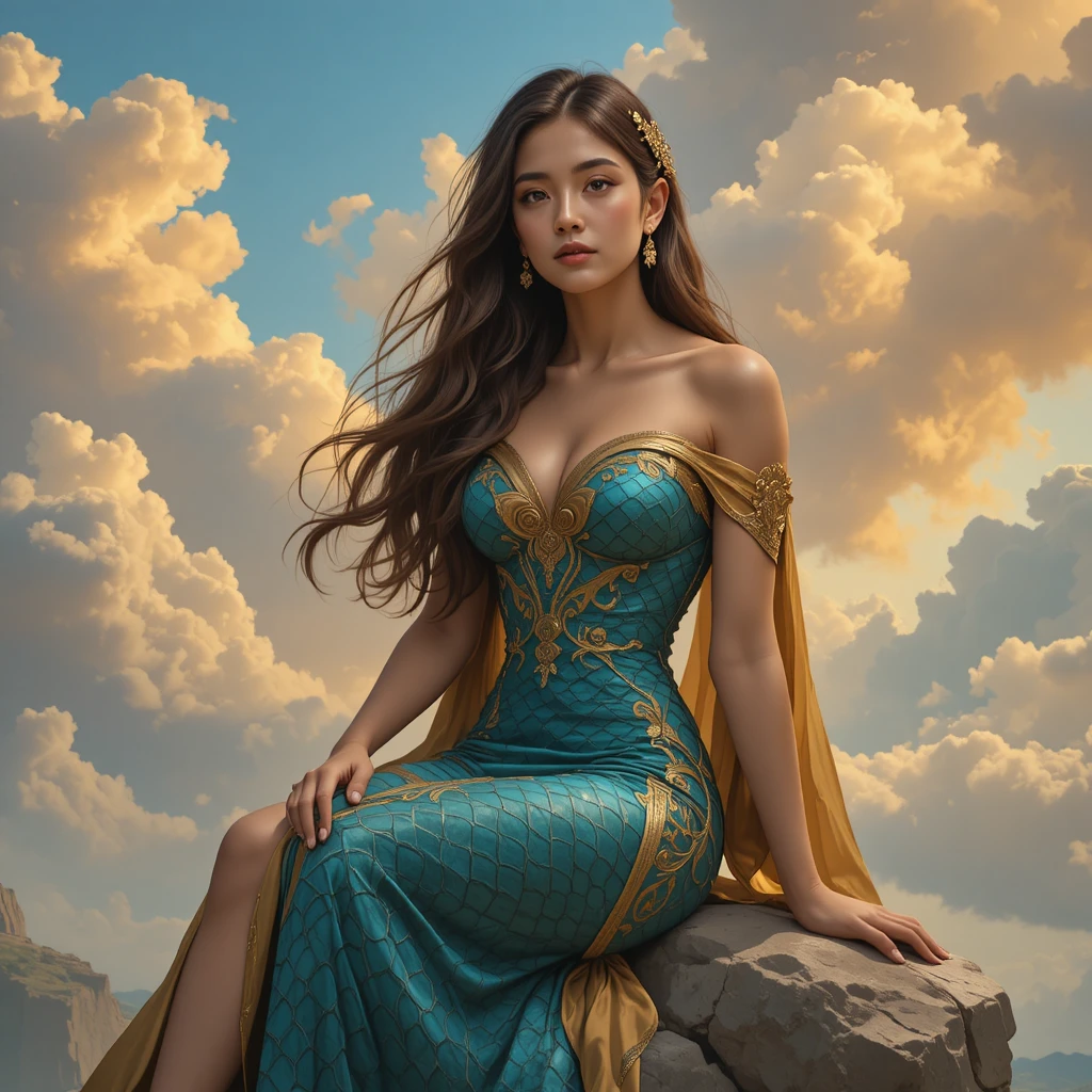 Young woman in teal gown on rocky cliff at dusk
