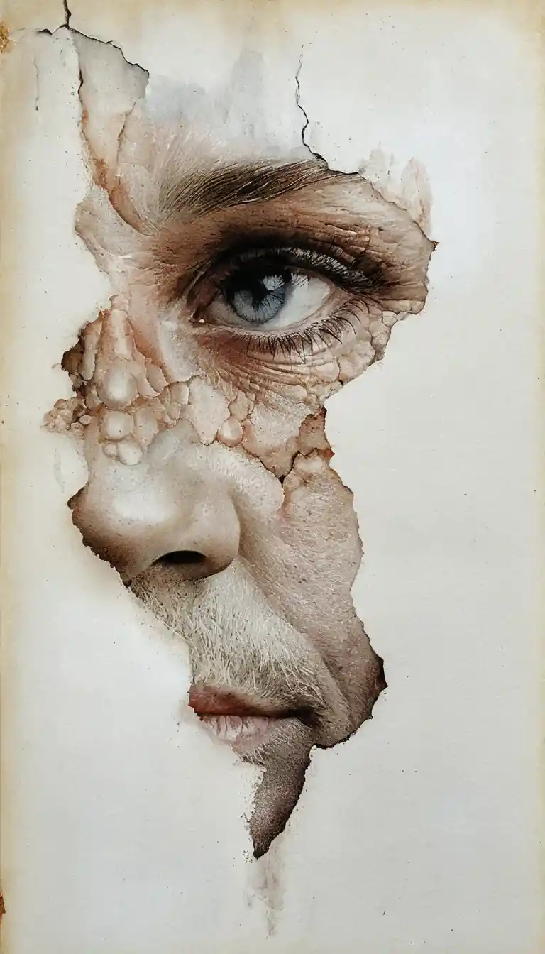 Rosto fragmentado de idoso em mixed media em close