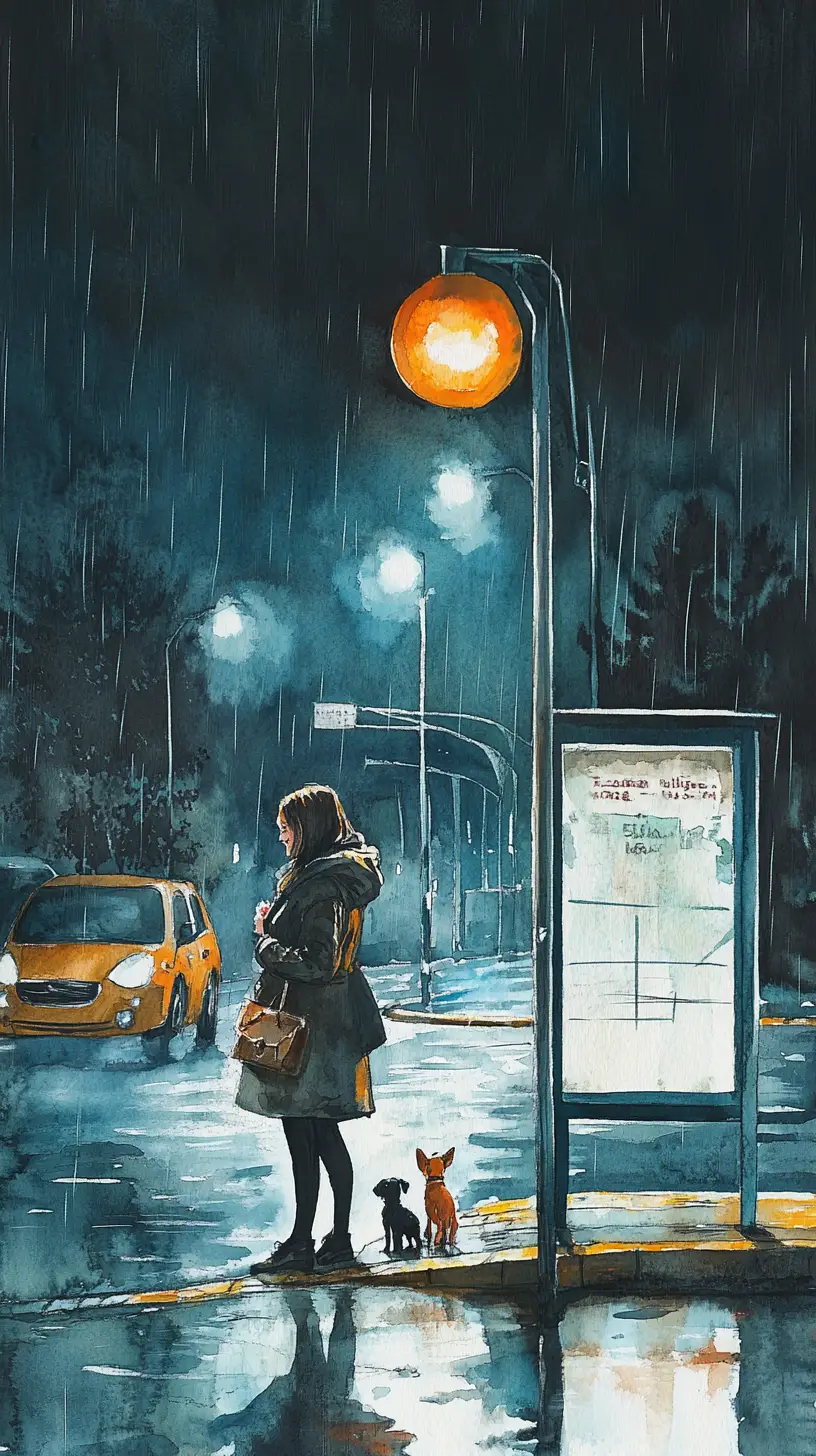 雨中加油站轉角與小狗微笑的女孩