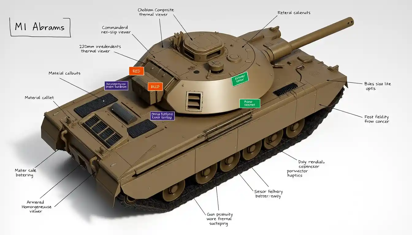 Render 3D isométrico de um tanque M1 Abrams com anotações