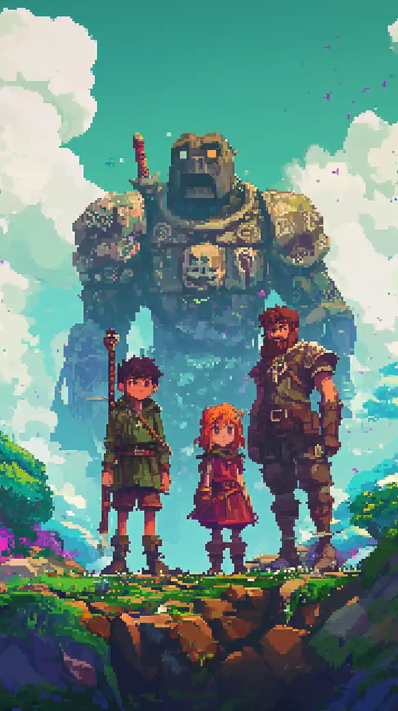 Groupe de fantasy dans un paysage vibrant en pixel art