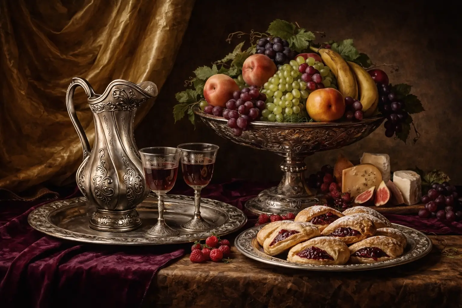 Natura morta classica con dolci alla frutta e argenteria