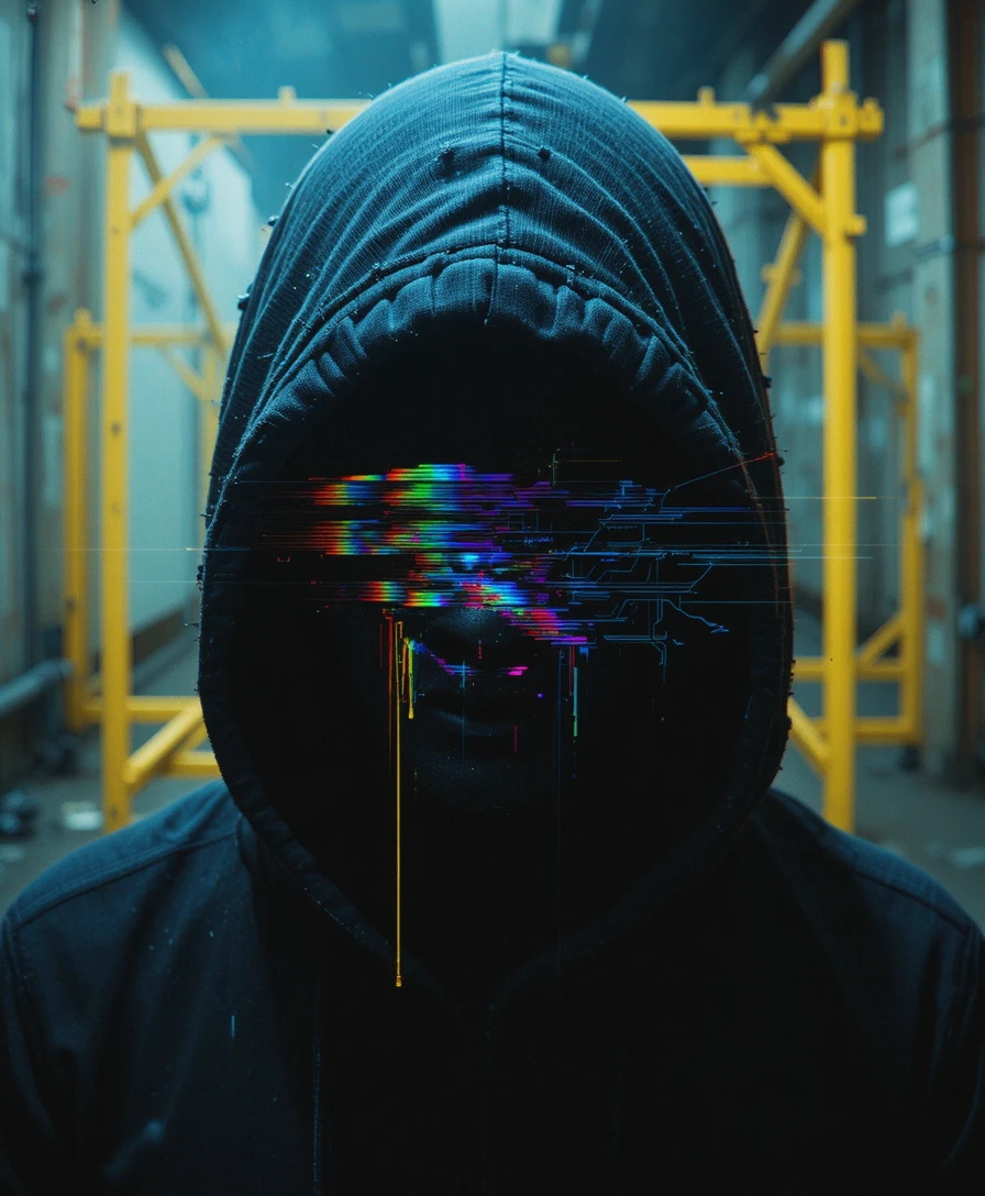 Retrato glitch en primer plano de una figura encapuchada y sin rostro