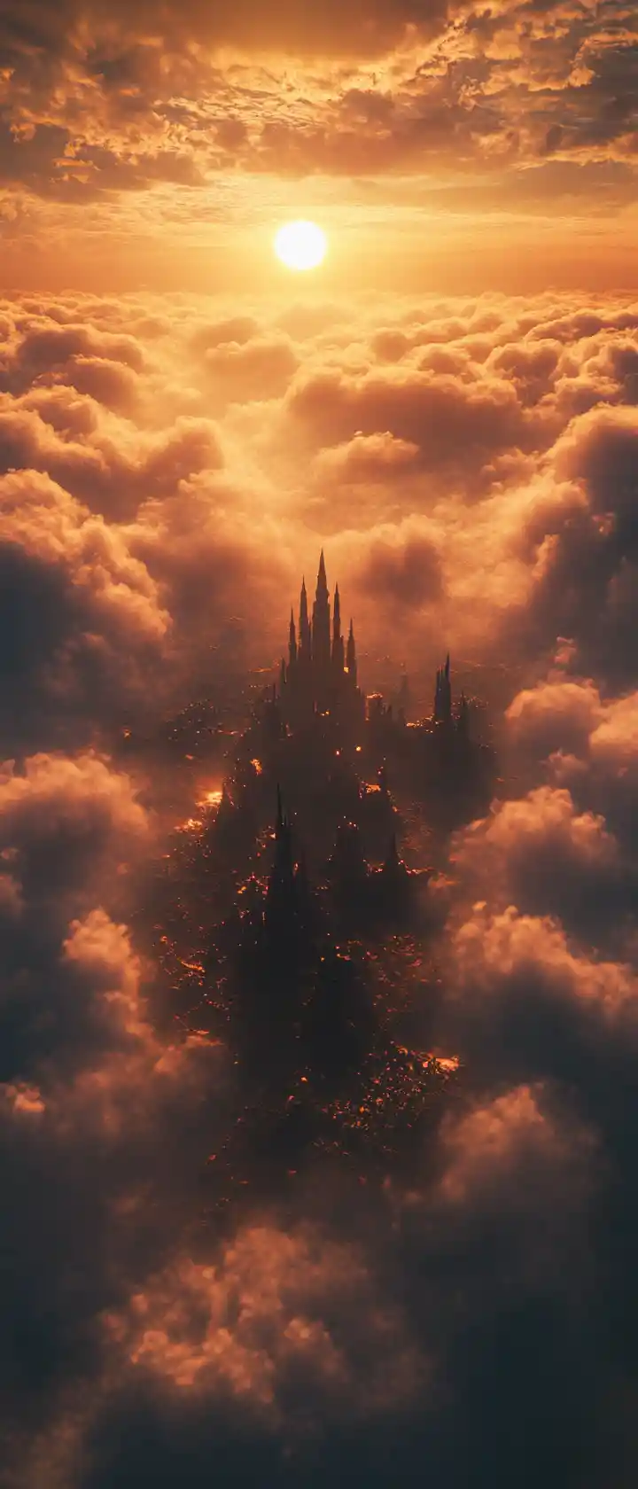 Medieval towers rising above a glowing sunset cloud sea
