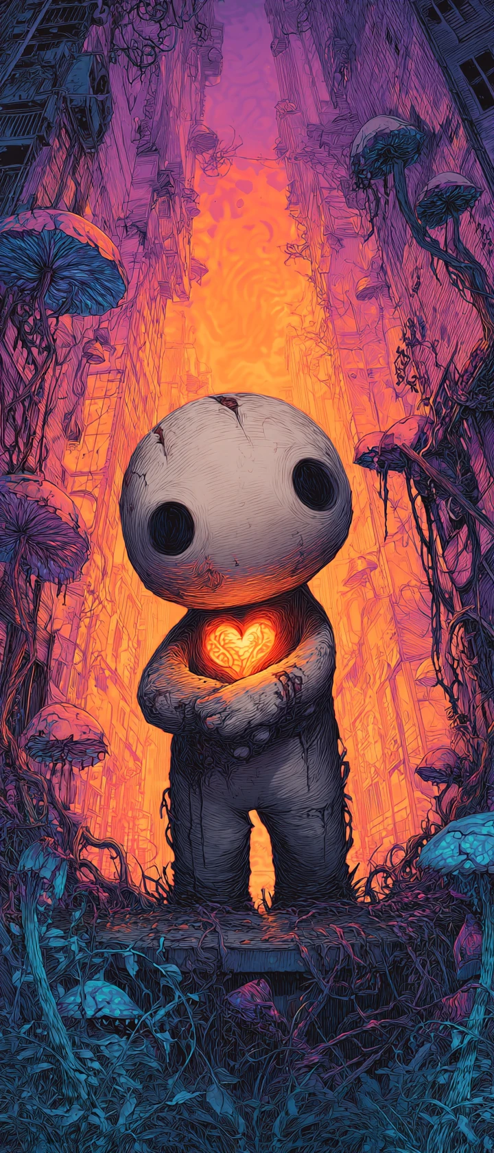 Surreal anime figure hugging themself in glowing city street