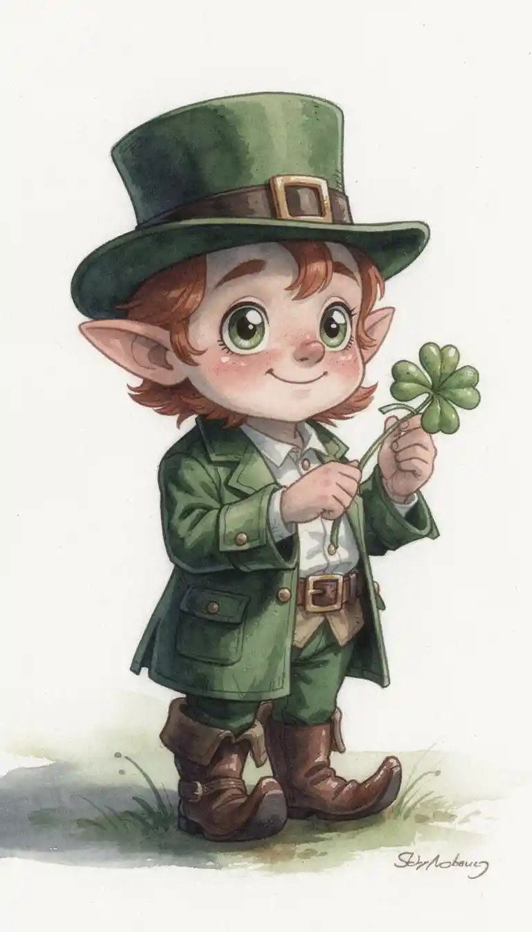 Leprecauno ad acquerello onirico con trifoglio su sfondo bianco
