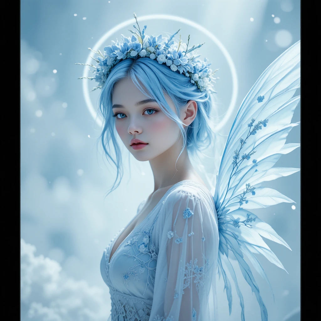 Eterea donna alata in foschia luminosa blu glaciale