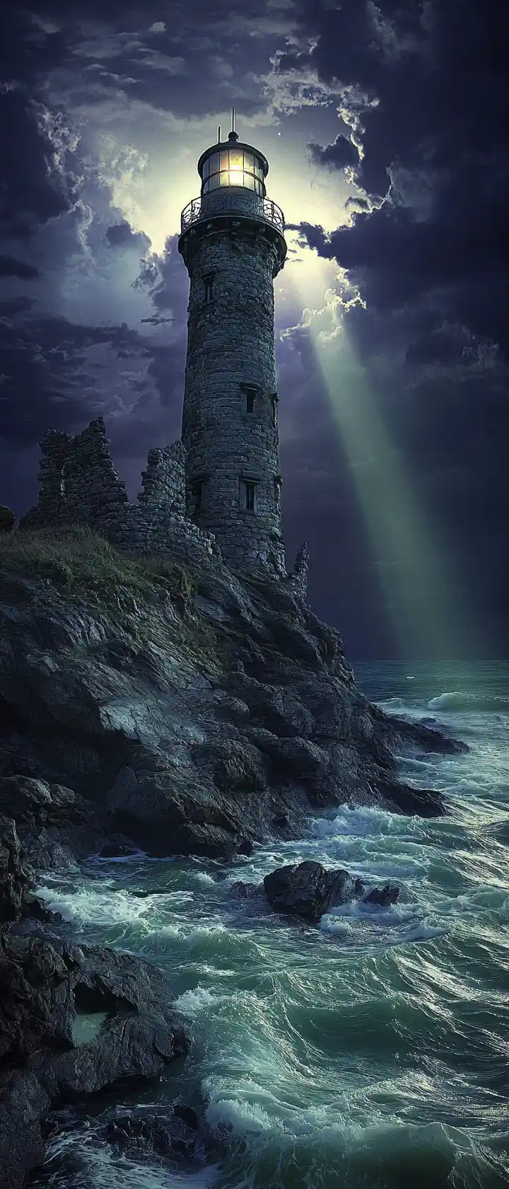 Moonlit lighthouse towering over stormy rocky coastline