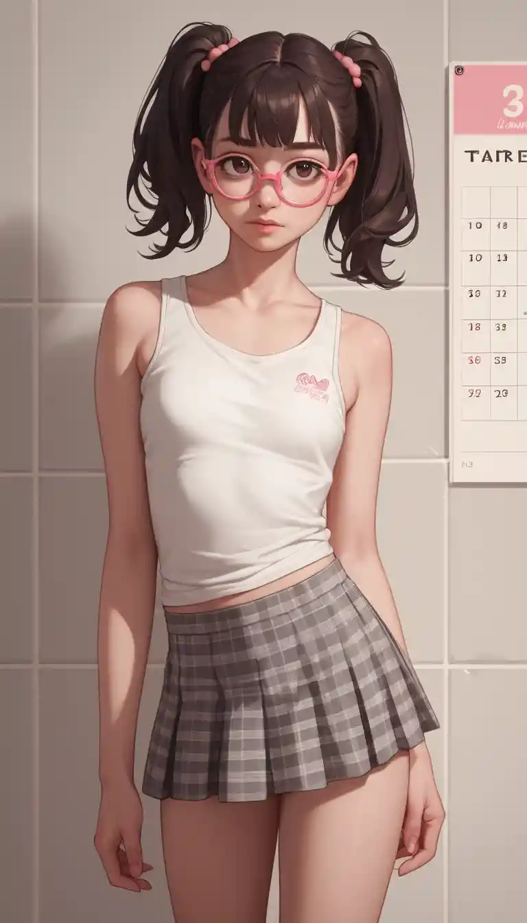 Young girl in minimalist pastel bathroom interior