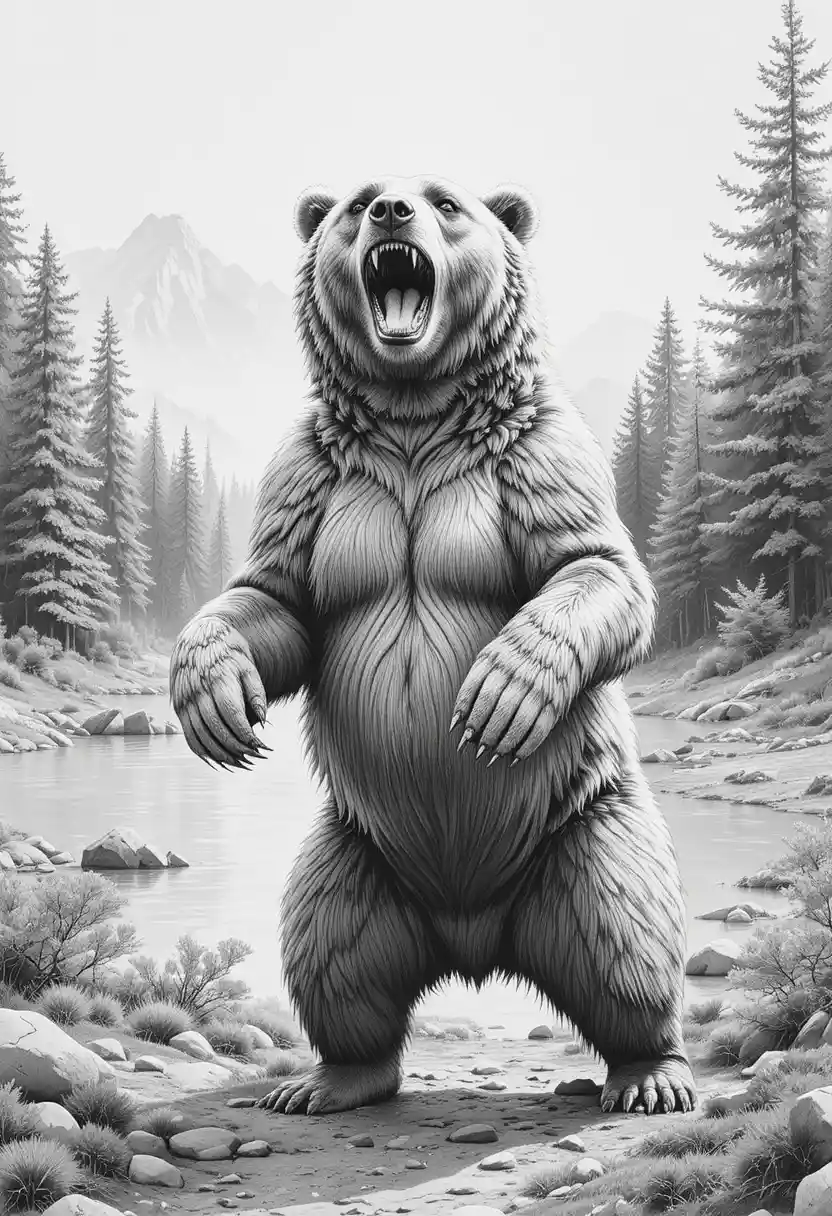 Majestueux grizzly rugissant dans la lumière de l’aube en forêt
