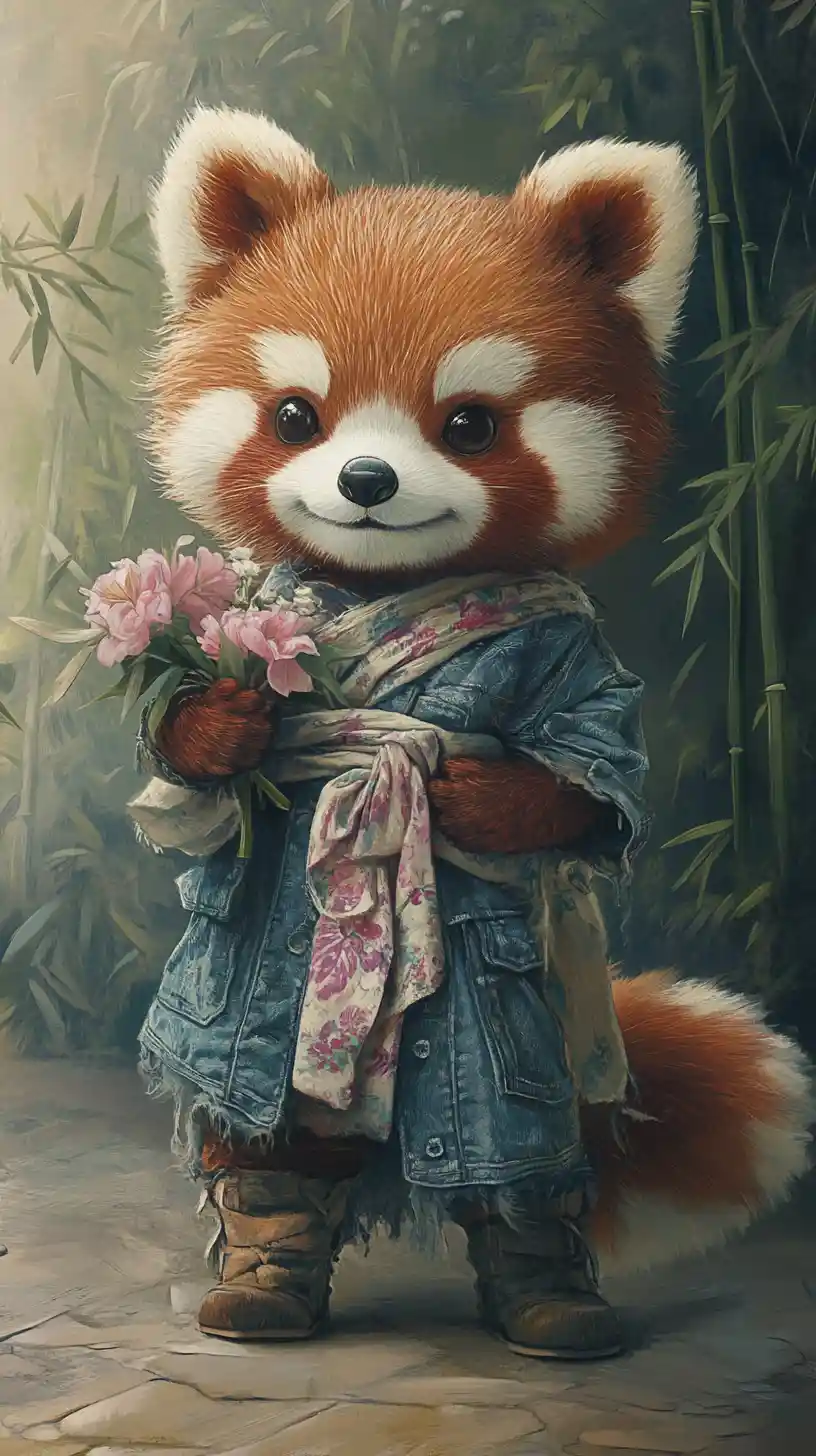 Red panda toy in vintage clothes holding wildflower bouquet