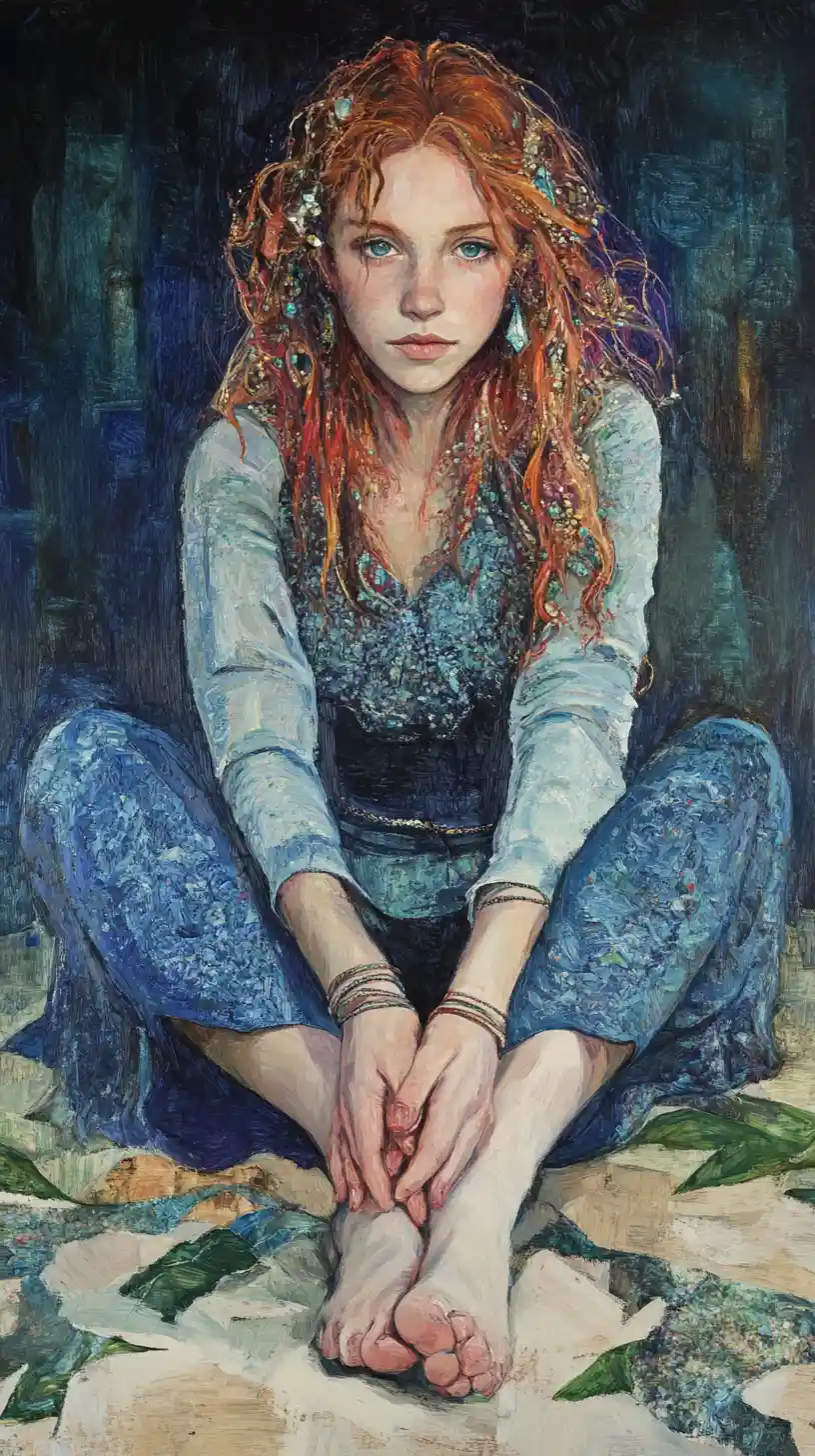 어두운 연못가에서 위에서 내려다본 수수께끼 같은 붉은 머리 소녀
