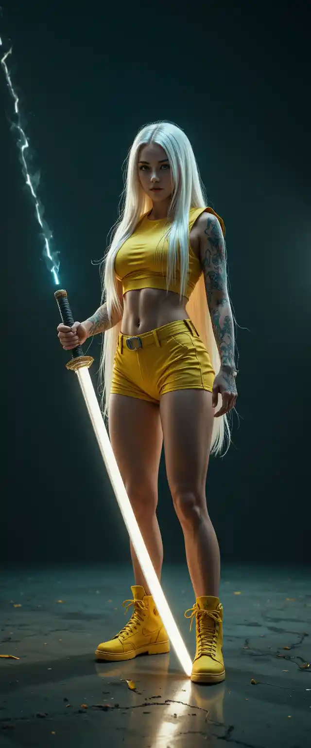 Fierce blonde woman with katana in cinematic studio portrait