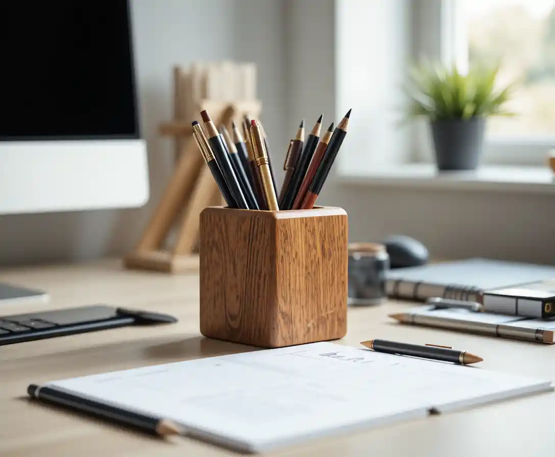 Portalápices de madera con material de oficina en un escritorio minimalista de home office